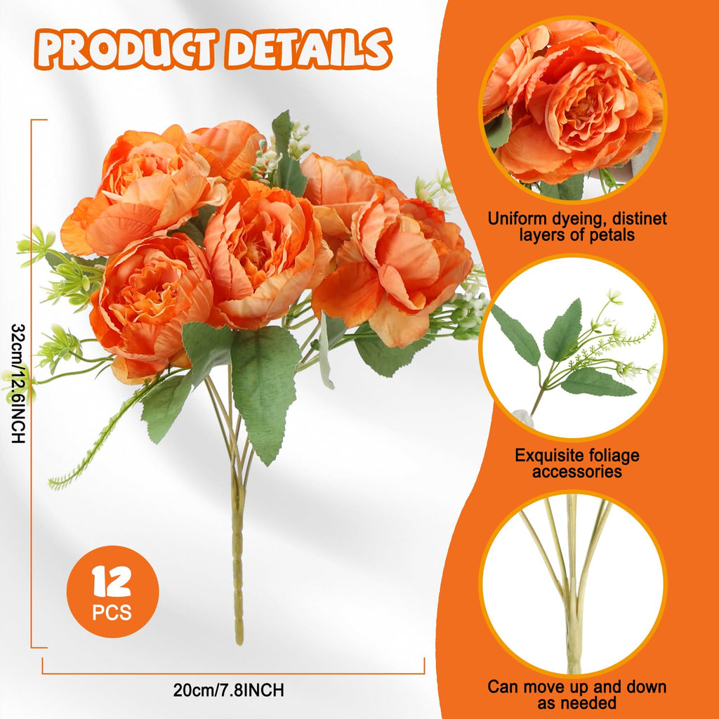 12 Bundles Orange Peonies Artificial Flowers Bulk for Centerpiece