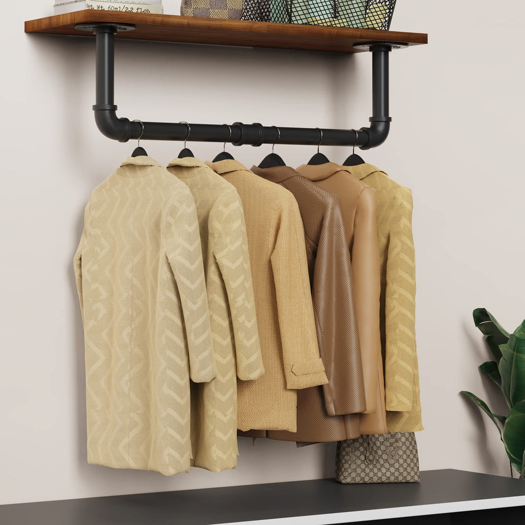 Wall Mounted Clothes Rack 24in, Industrial Pipe Wall Mount Clothing Rack, Heavy Duty Iron Garment Racks, Space Saver