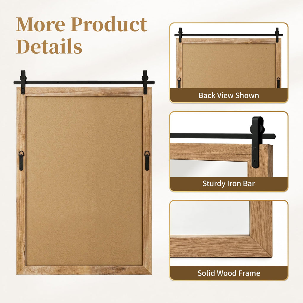 Farmhouse Bathroom Vanity Mirror, 36"x 24" Wood Barn Door Mirror, Light Brown