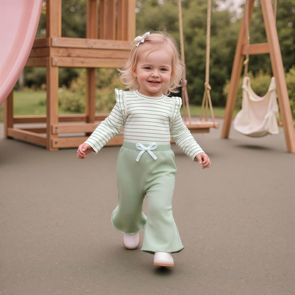 Toddler Baby Girl Outfits Ruffle Long Sleeve Striped Trim Tops + Flare Pants Set Toddler 2Pcs Fall Winter Clothes
