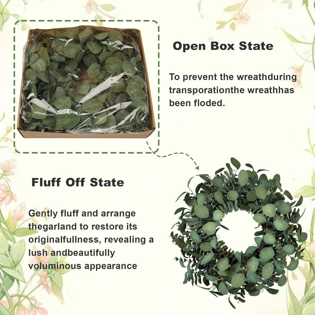 Eucalyptus Wreaths for Front Door 24 Inch, Green Boxwood Greenery Wreath, Artificial Foliage Wreath for Summer Indoor