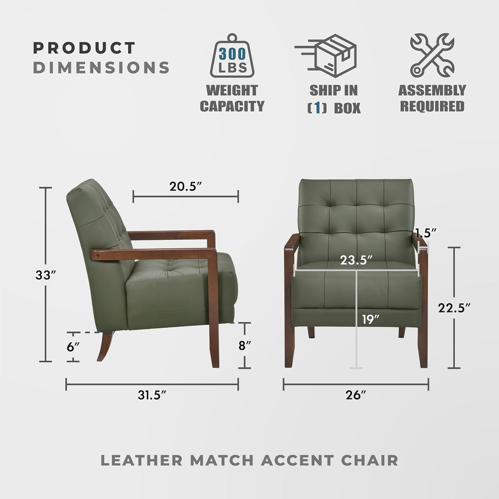Modern Leather Match Accent Chair,Tufted,Solid Wood Arms,Green