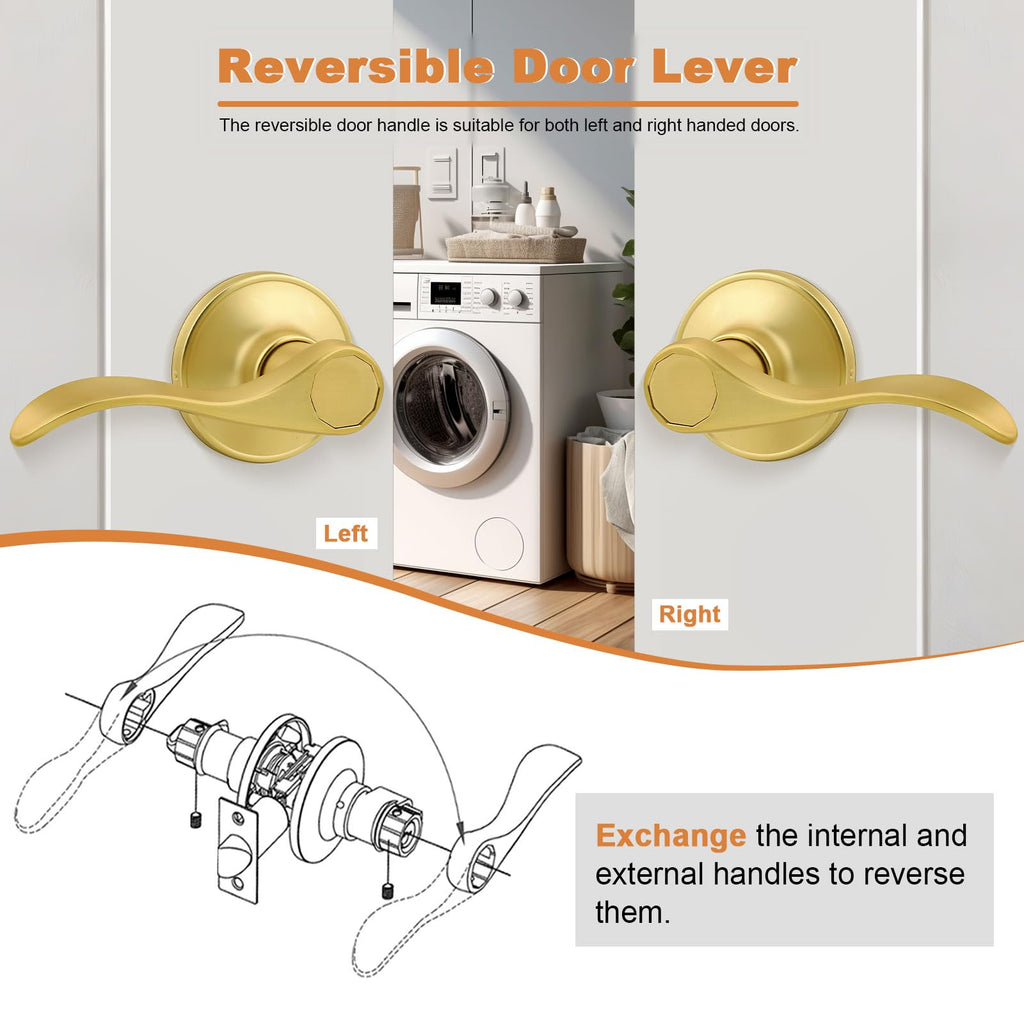 Door Handles Gold Interior Door Handles Passage Door Handle Lever Brushed Gold for Closet, Hallway Closet Wave Style