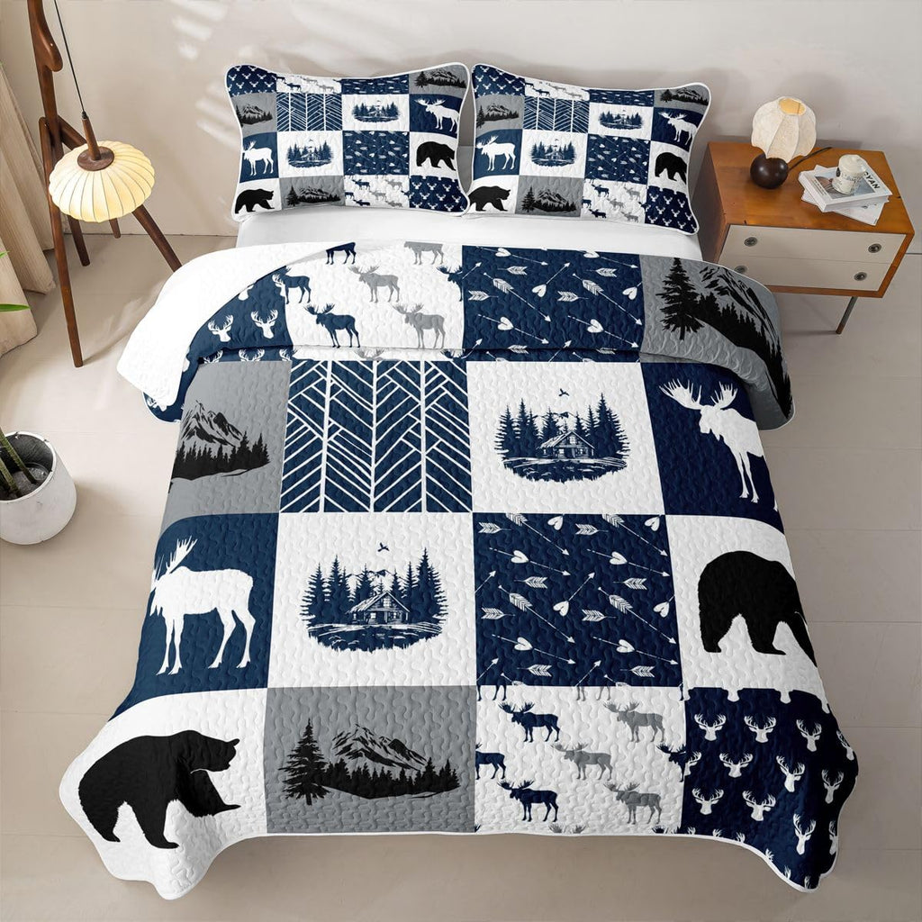 Elk Quilt Set Bear Quilt Deer Head Moose Arrow Cabin Quilted Bedspread Plaid Geometric Blue White Coverlet