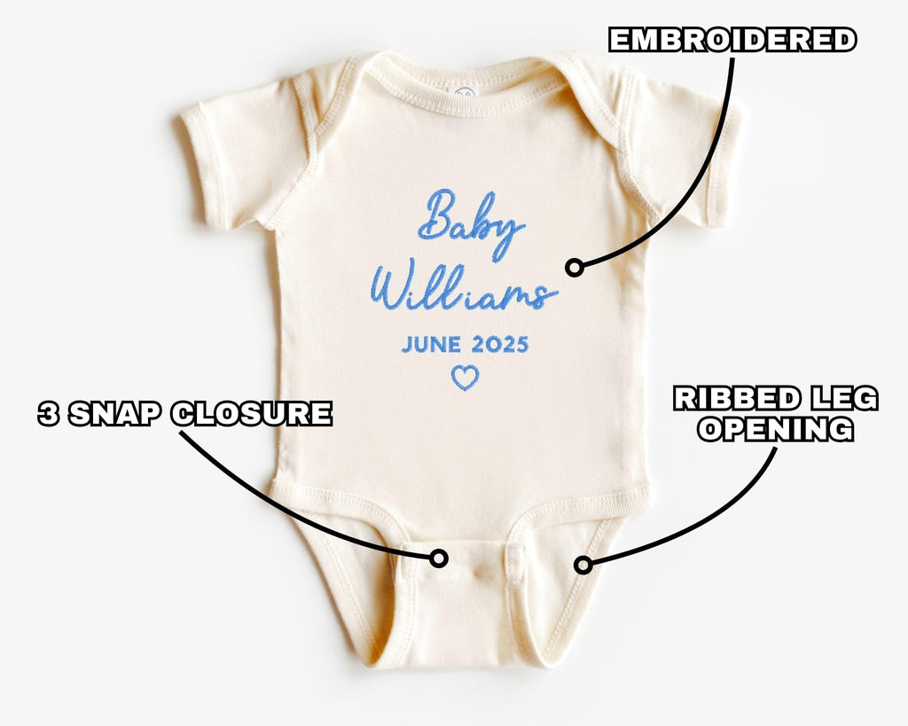 PHYSIQUE Custom Embroidered Pregnancy Announcement Bodysuit, Newborn Gift, Coming Soon Baby Clothing with Name & Date