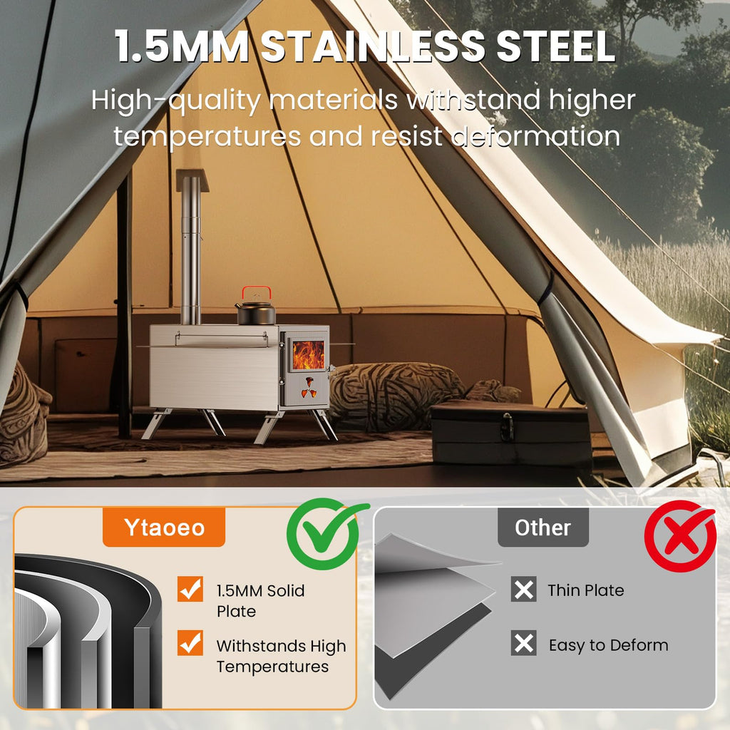 Wood Stove, Hot Tent Stove Camping Portable Stainless Steel Wood Burning Stove with 7 Chimney Pipes for Wall Tent
