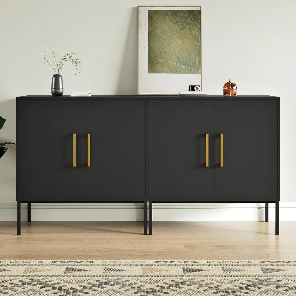 Set of 2 Storage Cabinets with Adjustable Shelf and Gold Handle, Black丨Buffet Cabinet with Storage, Accent Cabinet