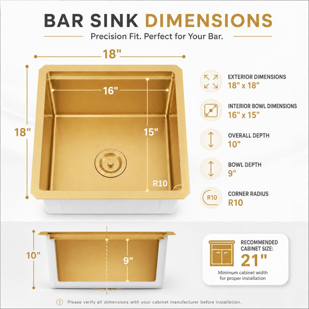 Gold Bar Sink Undermount, 18 inch Bar & Prep Sink with Workstation
