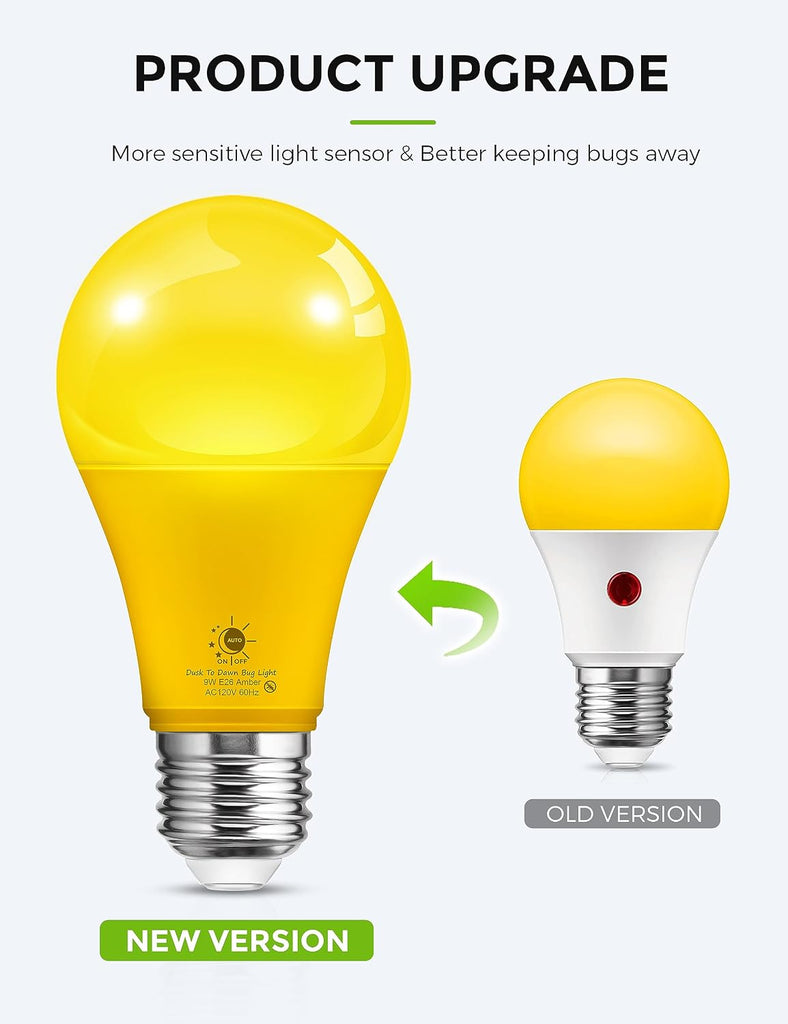 Yellow Bug Light Bulbs Outdoor, A19 Dusk to Dawn LED Bug Light Bulbs, 2000K Amber Glow, Photocell Sensor LED, Auto
