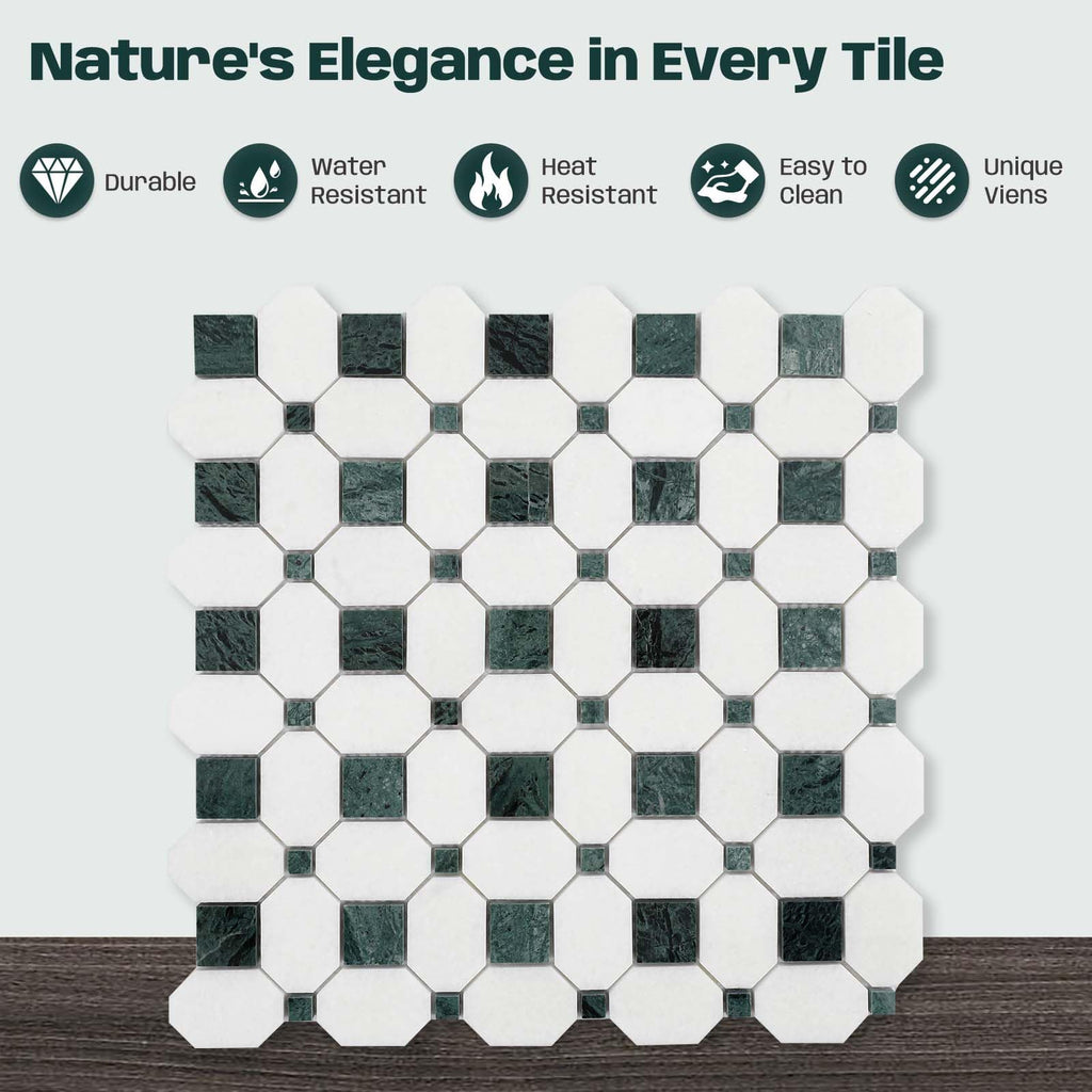 2 Inch Long Octagon Marble Mosaic Tile for Wall Floor, 5 Sheets