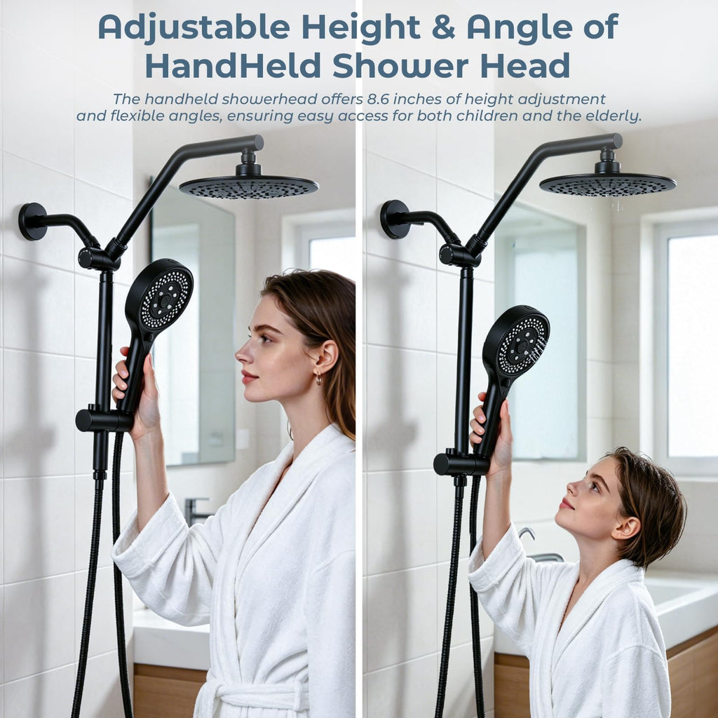 9" Rain Shower Head w/Handheld Combo, Slide Bar, Matte Black