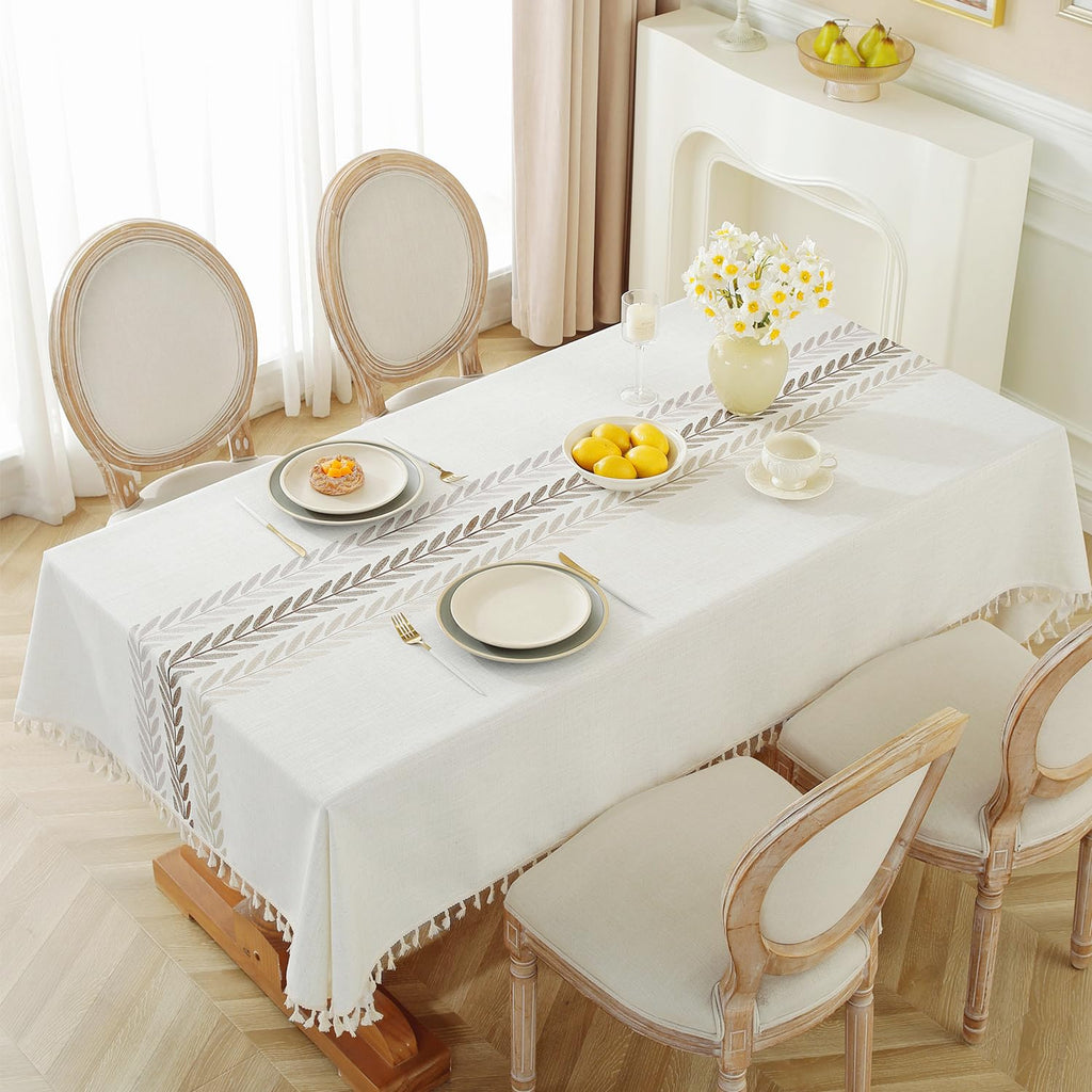 Heavy Duty Cotton Linen Waterproof Tablecloths Farmhouse Tablecloth, Soft and Wrinkle Free Table Cover with Tassels