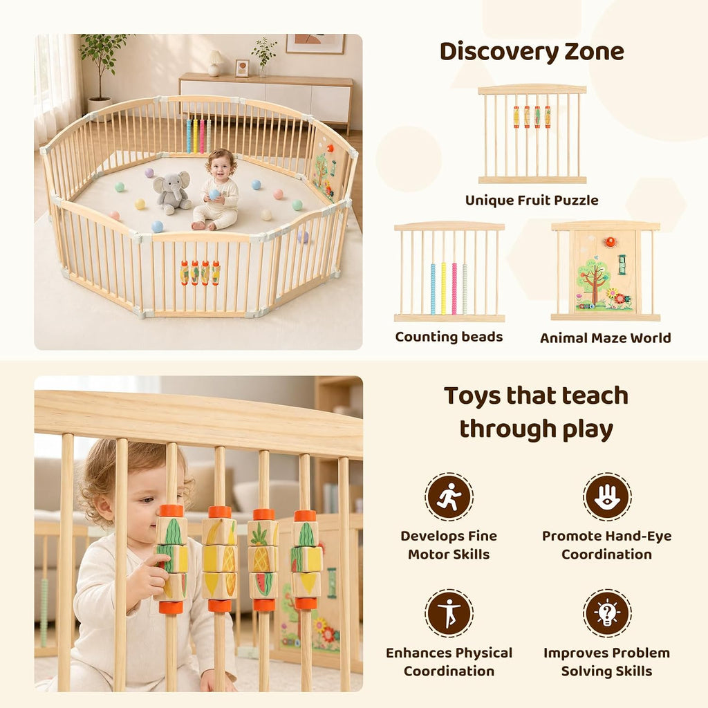 Wooden Baby Playpen, 60"×89"×25" 10-Panel Foldable Wood Play Yard with 3 Montessori Toys for Toddlers, Adjustable