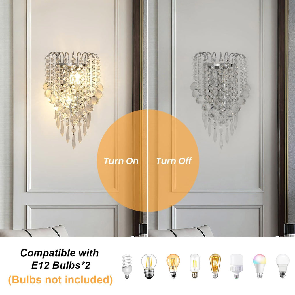 Crystal Wall Sconces, 11.8x7 Inch Chrome Wall Sconce Luxury Crystal Drops Shade Wall Light, E12*2 Socket Modern