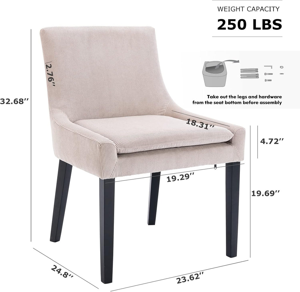 Modern Dining Chairs Set of 2, Upholstered Corduroy Accent Side Leisure Chairs with Mid Back and Wood Legs for