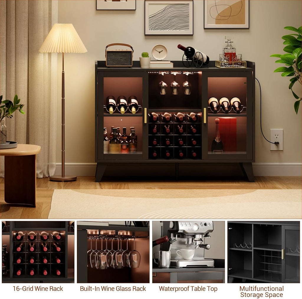 47" Wine Cabinet with LED Light, Living Room Compact Wine Bottle Storage , Wine Bar Cabinet with Glasses Rack