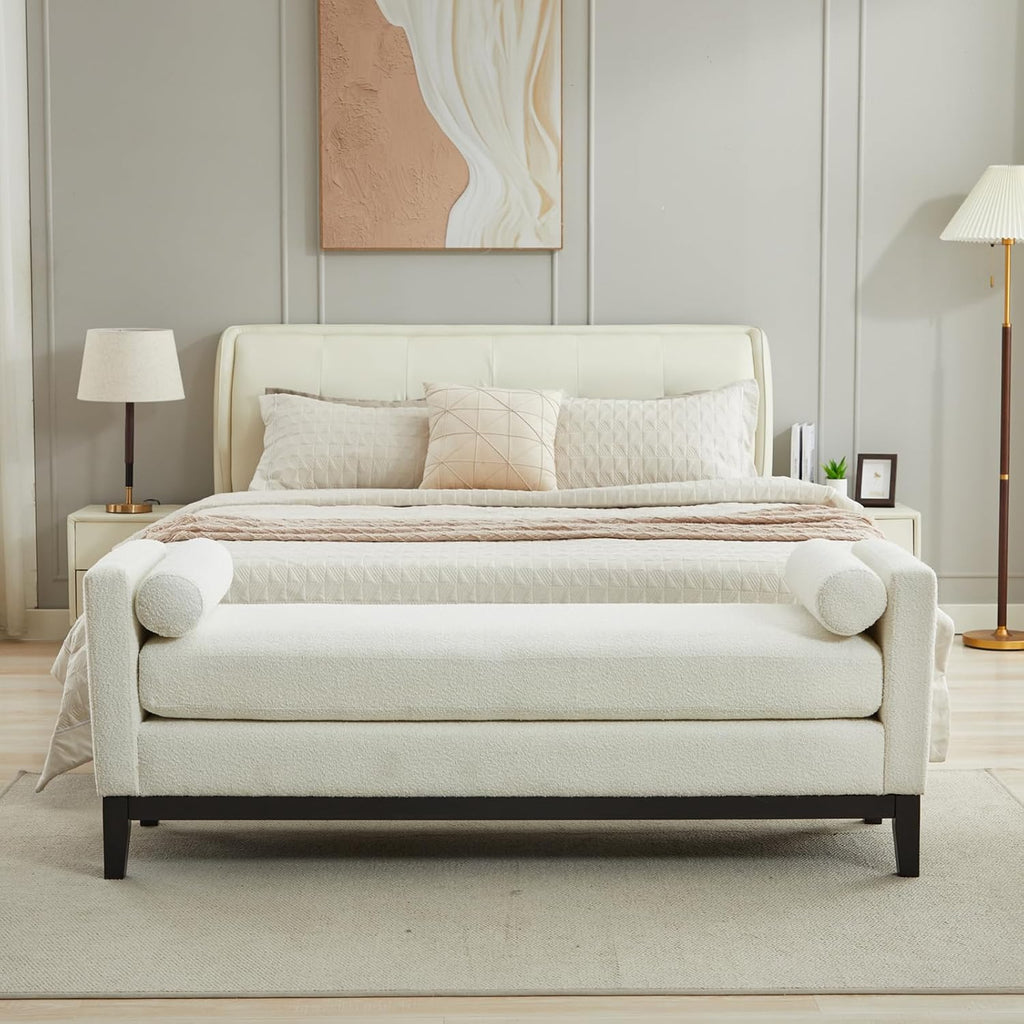66.34" End of Bed King Size Bench Boucle with Black Legs, White. | Entryway Bench Ottoman Upholstered King Size Seat