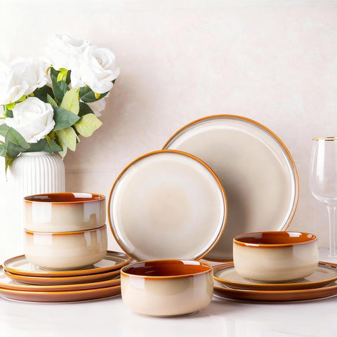 Ceramic Dinnerware Sets for 4,12-Piece Plates and Bowls,Handmade Reactive Glaze Dishes Set,Chip Resistant and Scratch