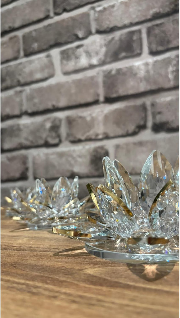 Decorative Crystal Glass Lotus Flower Candle Holder Set (3 Pieces) - Gold Trim - Refined Feng Shui Decor for Tables