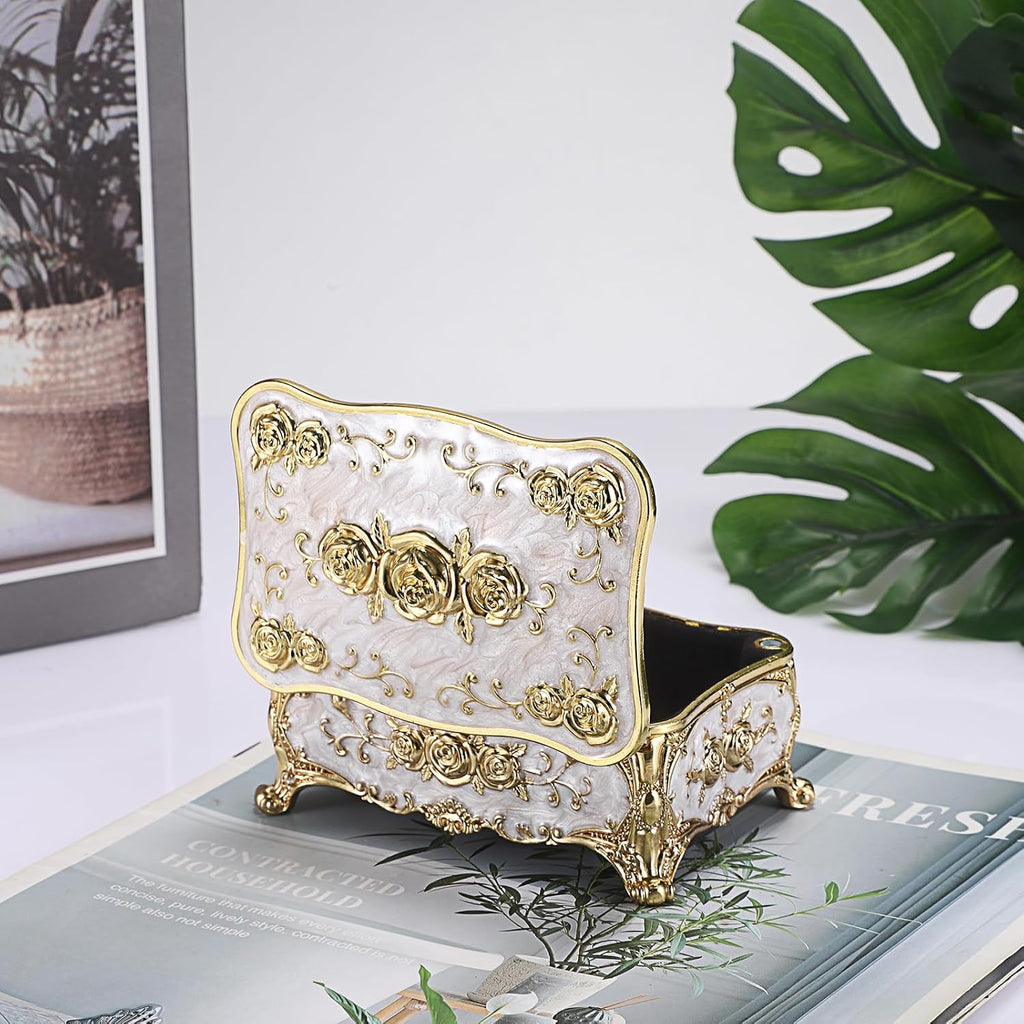 Metal Jewelry Box with Rose Pattern - Vintage Gold Trinket Organizer
