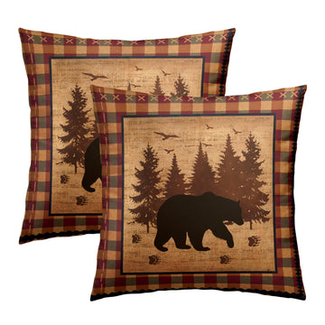 Bear Throw Pillow Covers 18x18 Inch Set of 2 Forest Cabin Nature Wildlife Square Pillowcase Buffalo Plaid Decorative