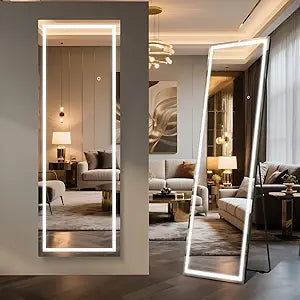 65X24 Full Length Mirror, Dimmable 3 Color Led Light W/Light Memory, Distortion Free Silver Coating Mirror, Hd