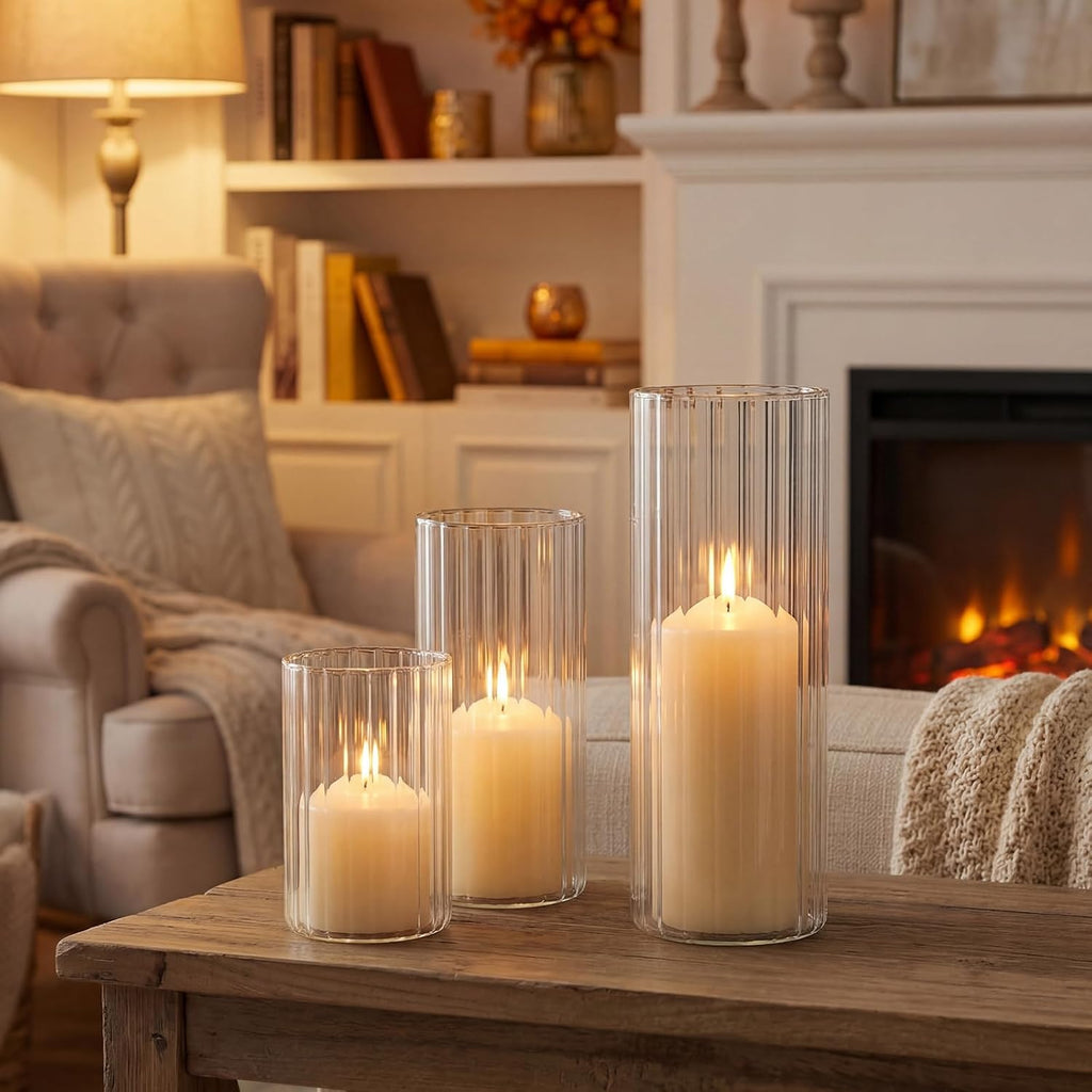 Ribbed Hurricane Glass Candle Holders, 3 Pcs Glass Cylinder Vases with 3 Pcs Unscented White Tall Pillar Candles for