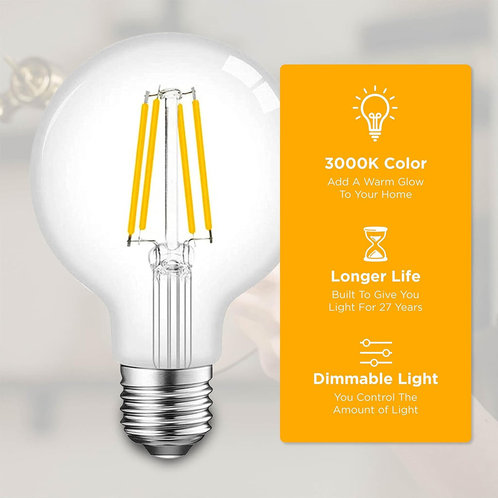 6W Edison LED Light Bulb - G25 Globe, 4-Pack, 3000K Warm, Dimmable Soft White (60W Equivalent) - E26/E27 Standard