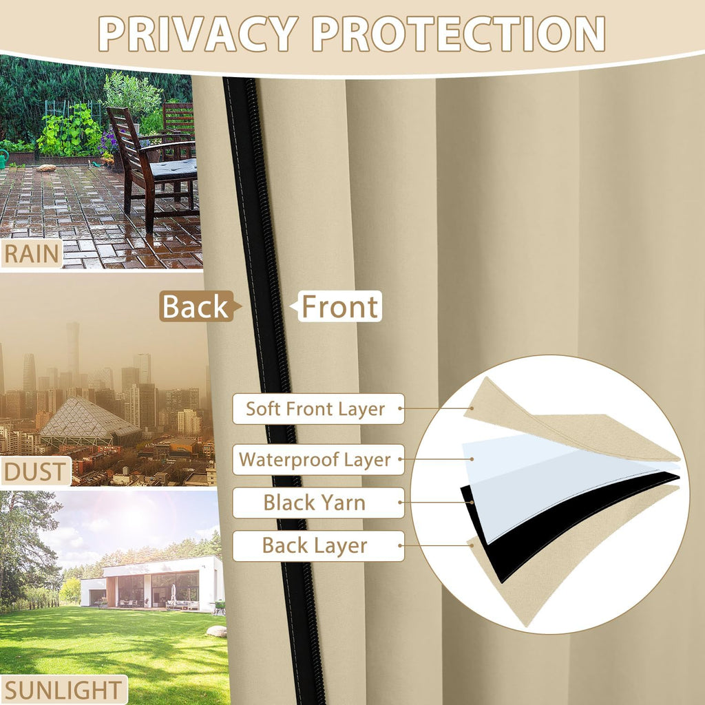 Waterproof Outdoor Curtains with Zipper Extra Long Top & Bottom Grommet Thermal Privacy Drapes 2 Panels Gazebo
