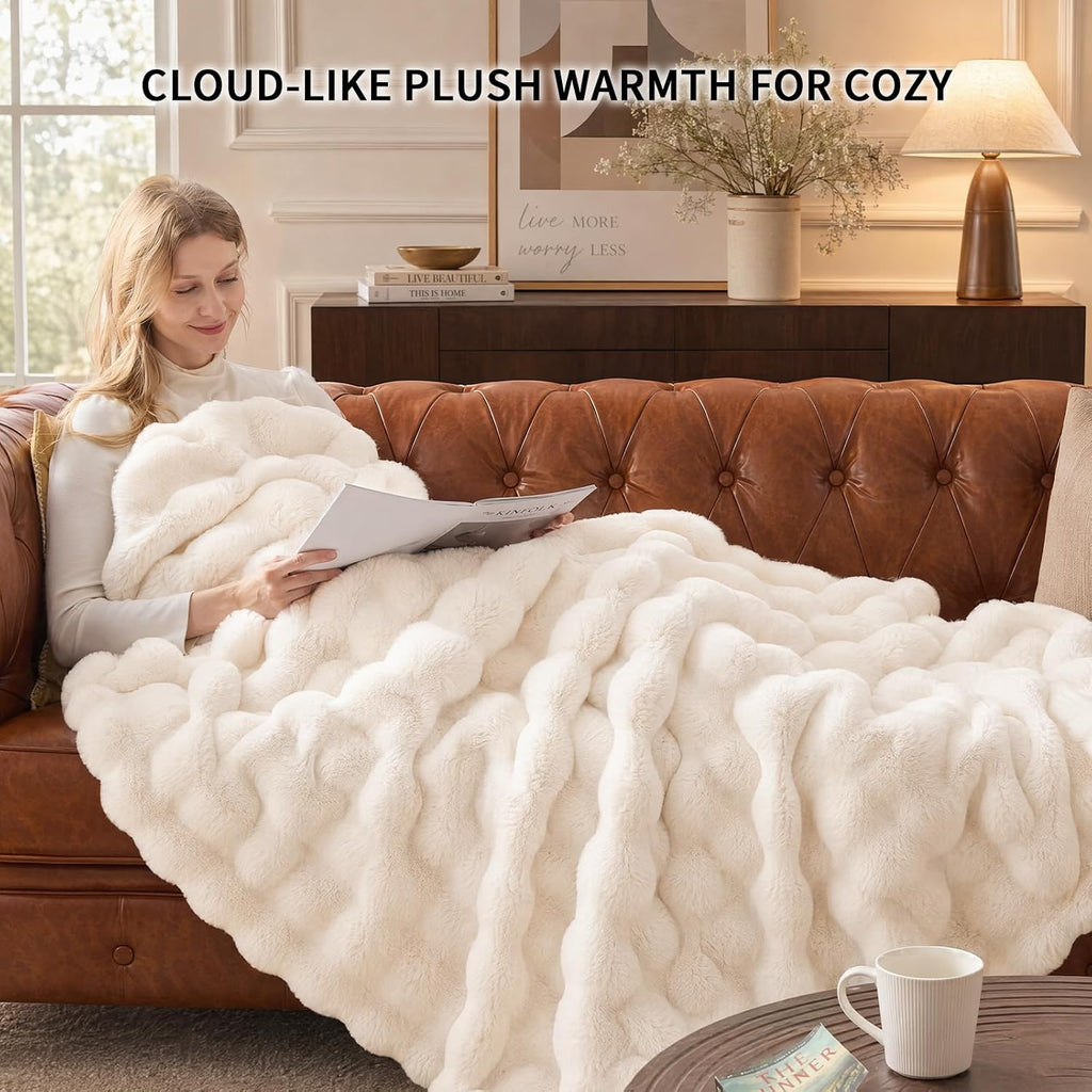 Bubble Faux Fur Twin Blanket for Couch, 60x80 Cream | Luxury Plush Fluffy Thick Blanket, Warm Soft Fuzzy Throw for