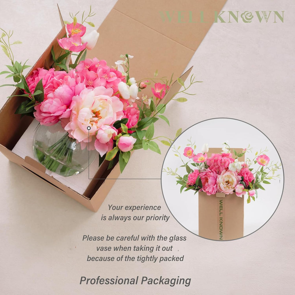 Artificial Flowers in Vase, Silk Hydrangea Bouquet and Peonies Artificial Flowers Table Centerpieces with Faux Water