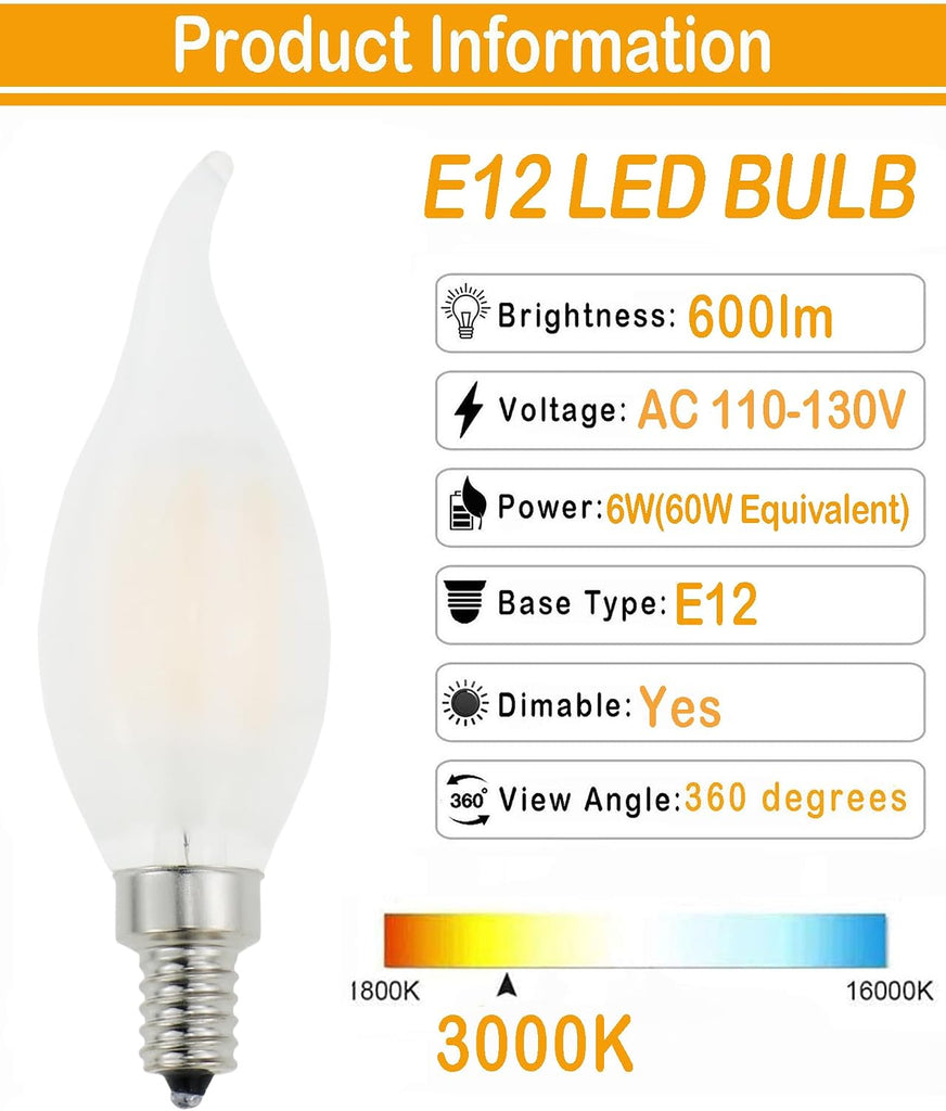 Frosted E12 Candelabra Bulb 60 Watt Dimmable,Flame Bent Tip Shape LED Chandelier Light Bulbs Soft White 3000k,6W B11