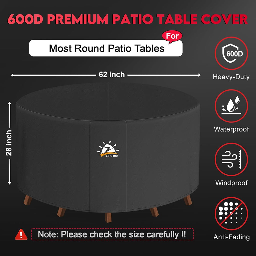 Round Patio Table Cover 62 Inch - 600D Outdoor Furniture Cover Round Waterproof & Heavy Duty, Lawn Furniture Set