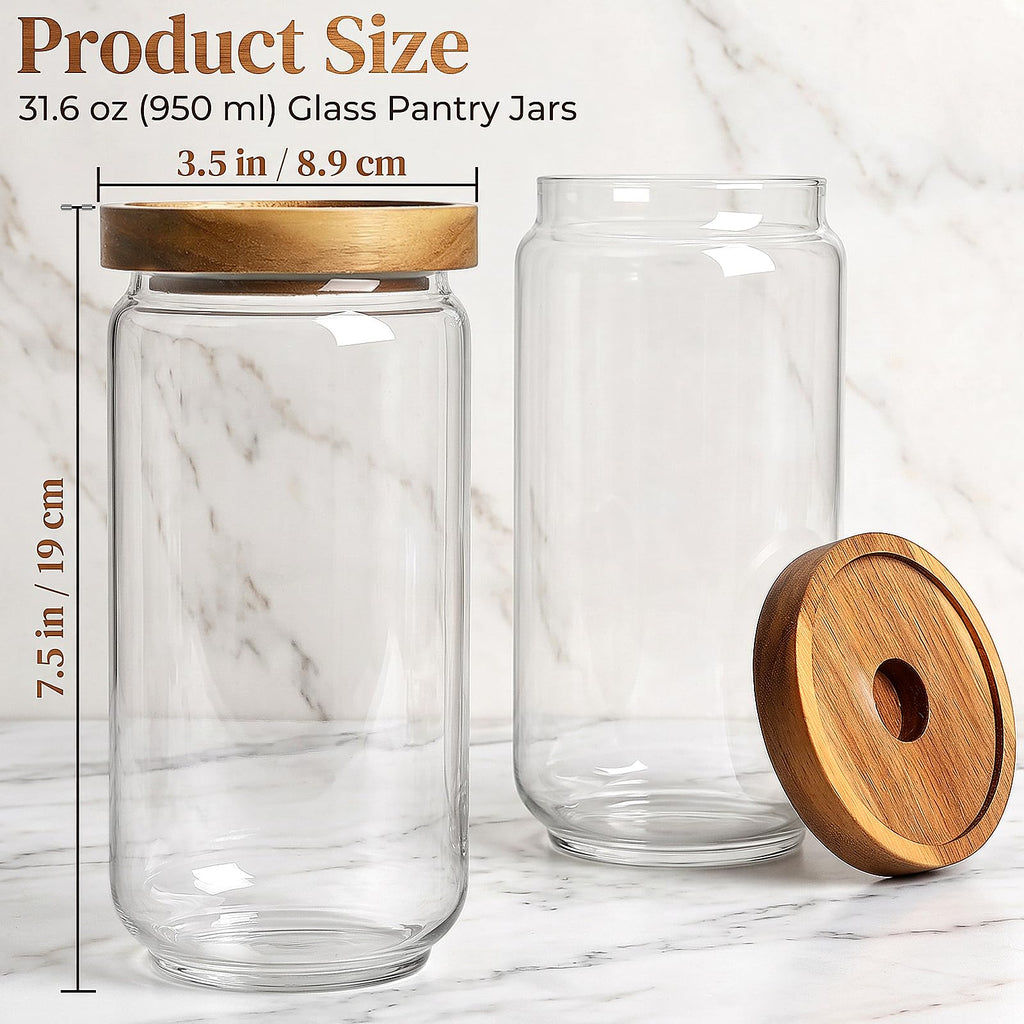 3 Pack Glass Storage Containers with Airtight Seal Acacia Wood Lids, 31.6 FL OZ (950ml) Clear Glass Food Storage Jars