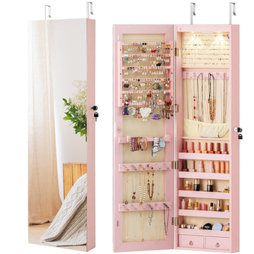 Wall or Door Mounted Lockable Jewelry Armoire with Full-Length Mirror