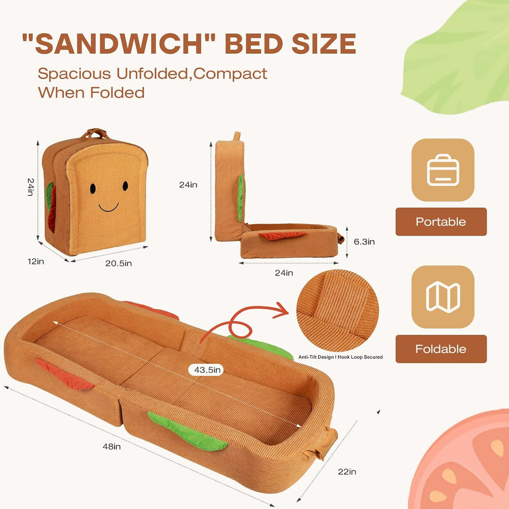 Toddler Travel Bed Sandwich Style - Portable Toddlers Floor Beds, Foldable Soft Foam Travel Crib for Baby and Kid