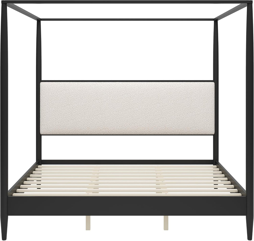 Solid Wood Canopy Bed Frame with Upholstered Headboard