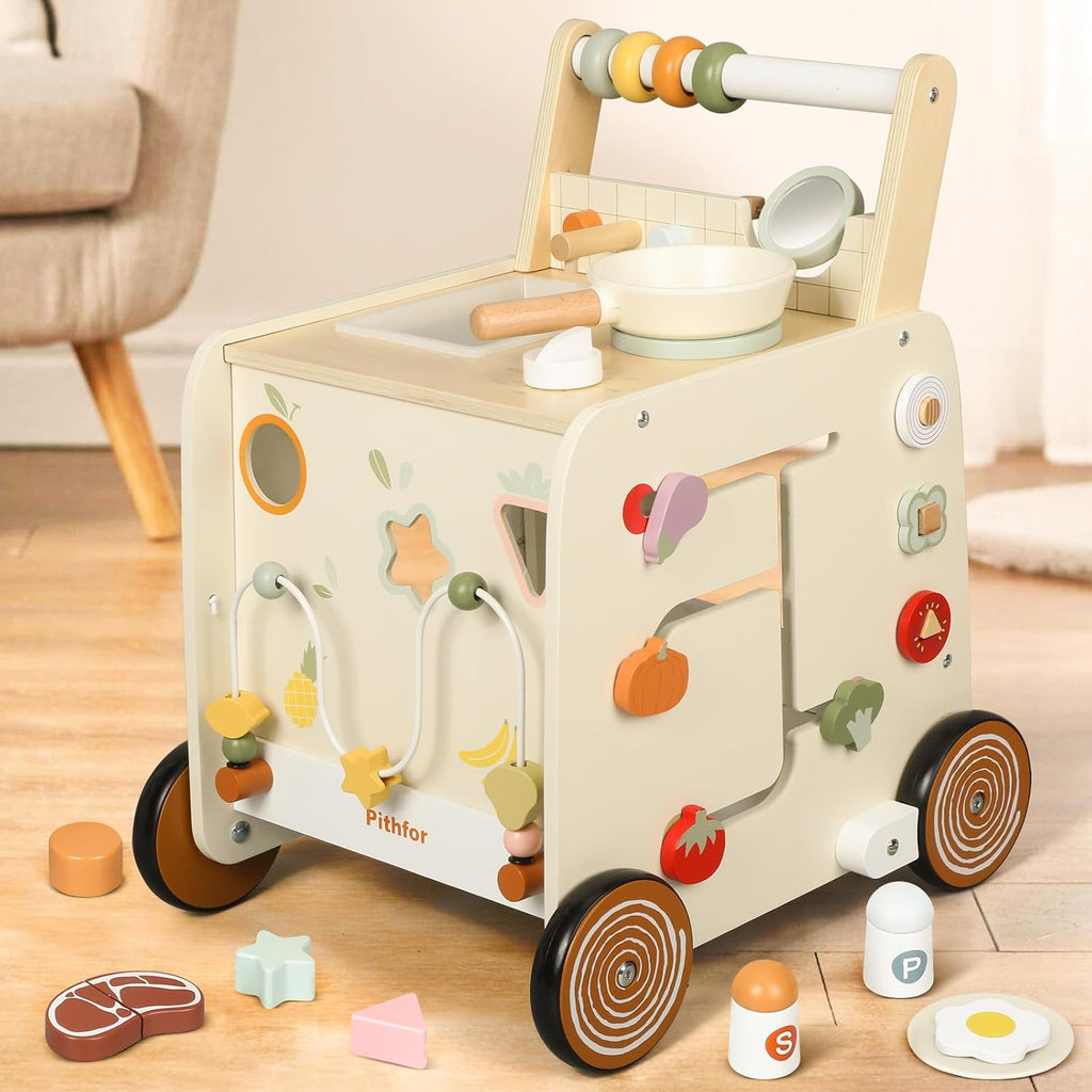 Wooden Baby Walker, in-1 Baby Push Walker, with Pretend Kitchen, Montessori Sensory Activity Center, Push Walker