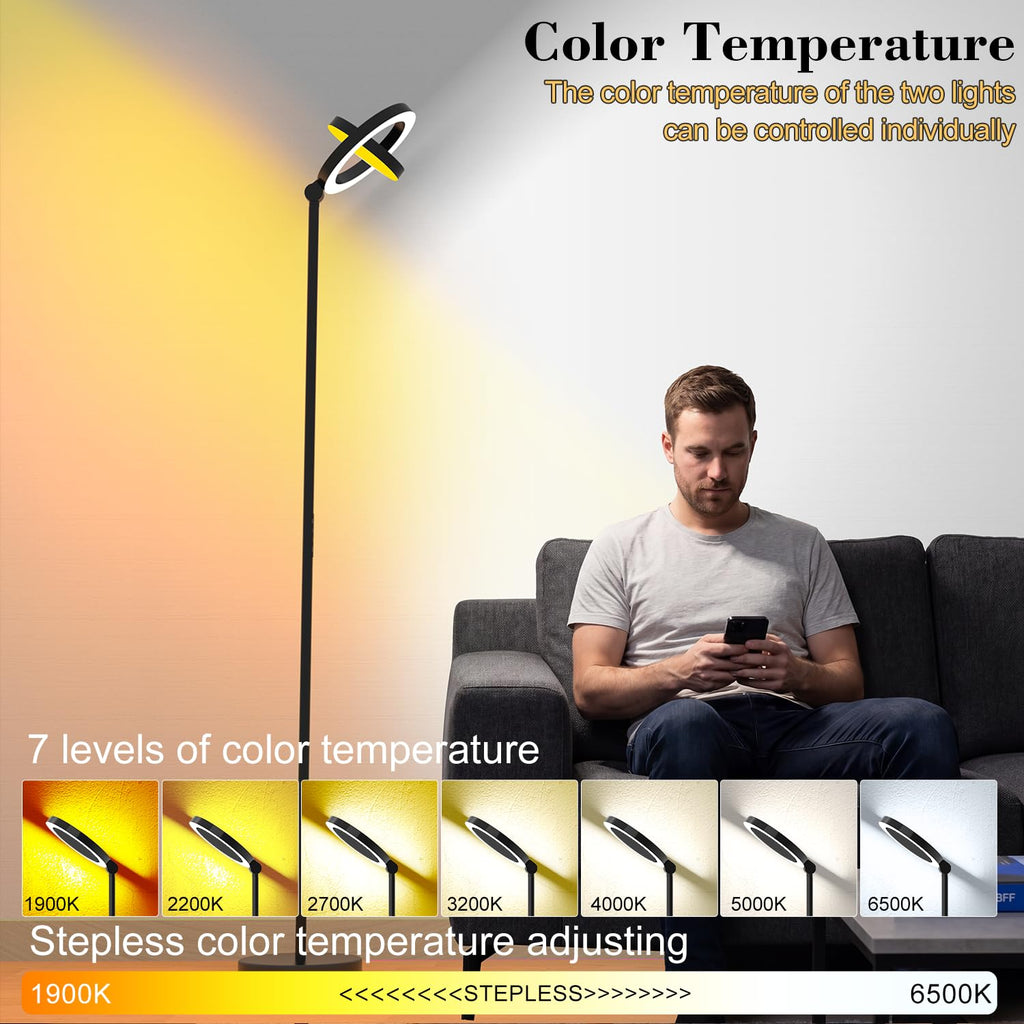 36W 2500lm Bright LED Floor Lamp, 75.5 Inch Tall Standing Lamp Stepless Dimmable with Remote, Torchiere Lamp with 2