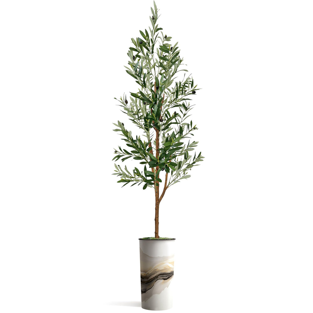 Artificial Tree in Flowing Black & White Smoke Abstract Shapes Planter, Fake Olive Silk Tree for Indoor and Outdoor