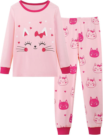 Girls Cotton Pajamas Snug Fit Piece Long Sleeve Sleepwear Set