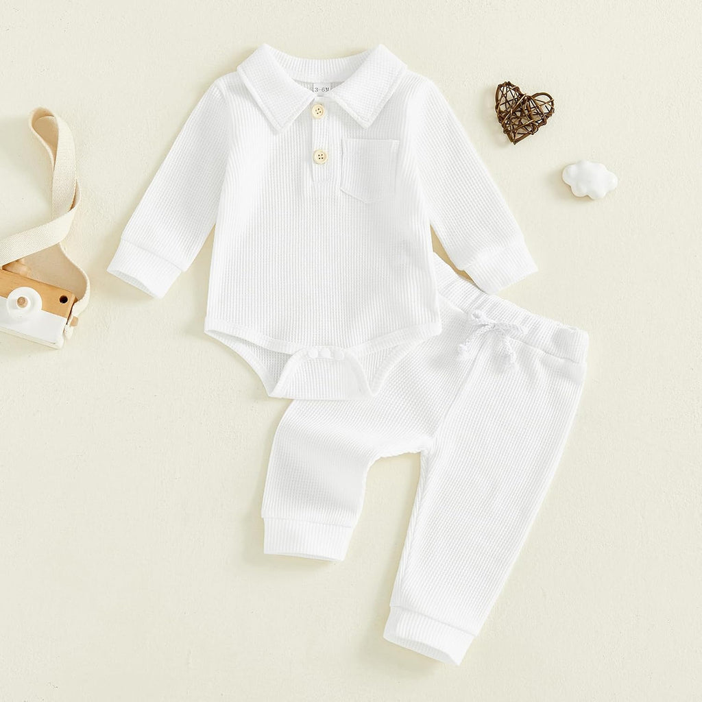 Baby Boy Clothes Solid Waffle Knit Long Sleeve Button Up Collared Romper Long Pants Set Fall Winter Outfits