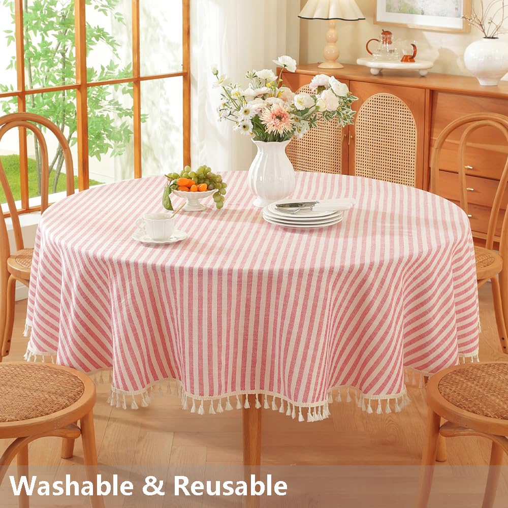 70 Inch Round Tablecloth Red and White Striped Outdoor Table Cover