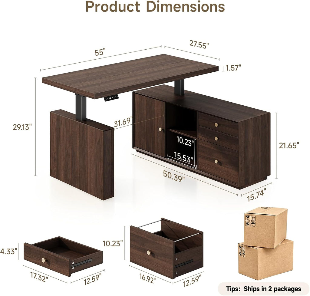 55" L Shaped Standing Desk w/File Cabinet, Sit Up Desk, Walnut | Electric Corner Desk with Drawers & Height