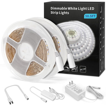 50FT White LED Strip Lights, Dimmable LED Tape Light 6500K Bright Daylight White, Flexible Under Cabinet Lights