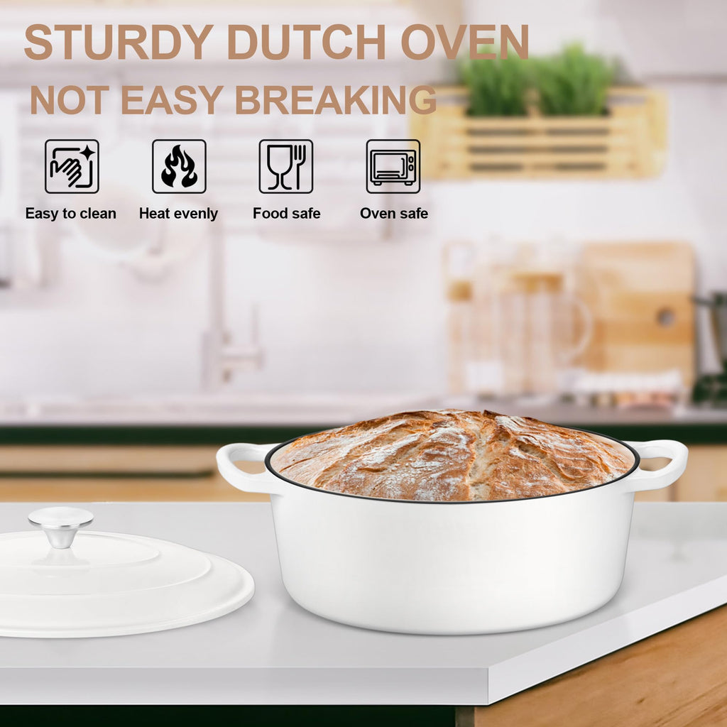 7QT Oval Dutch Oven Pot with Lid, White Enameled Cast Iron Dutch Oven
