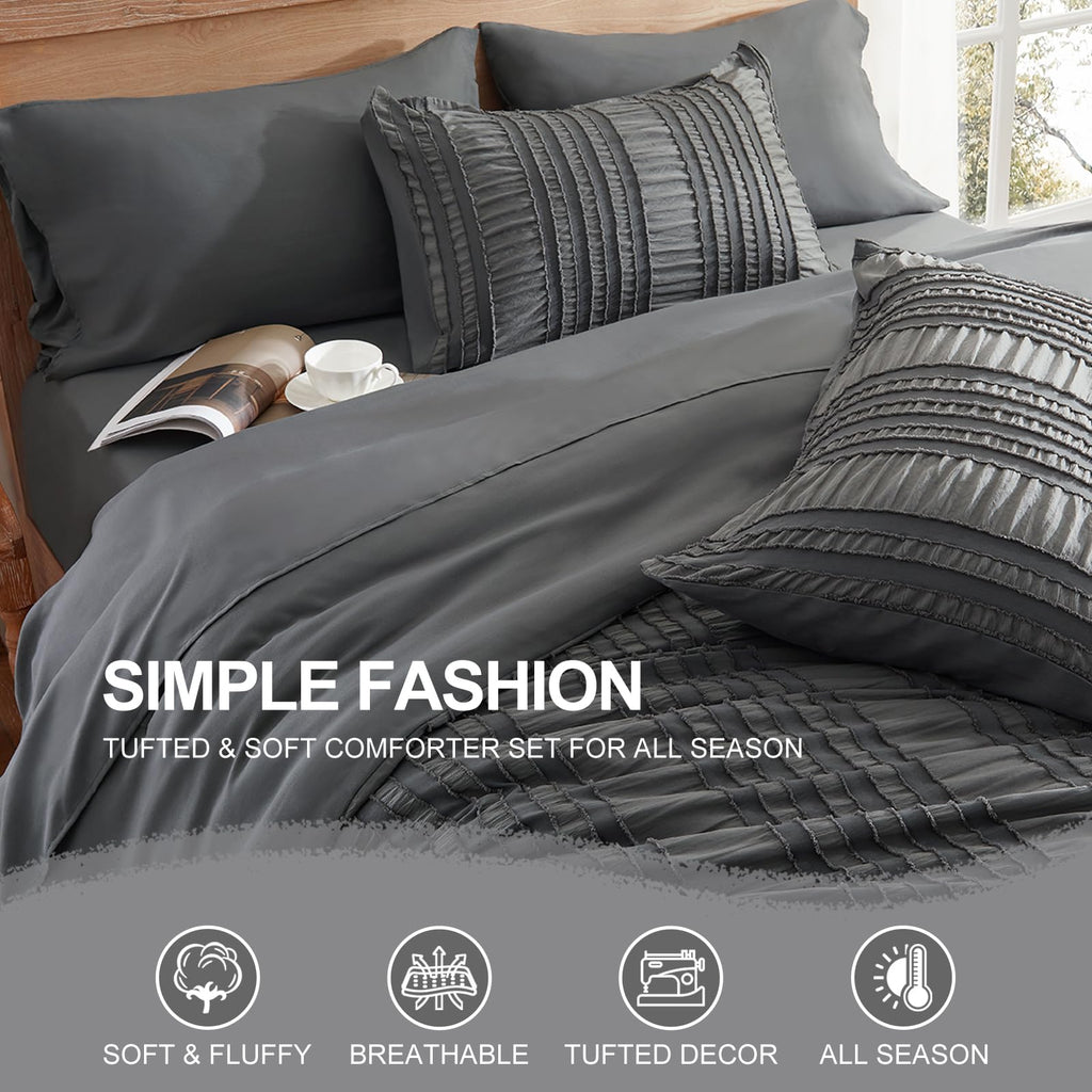 Dark Grey Tufted Textured Comforter Set, 7 Piece Bed in a Bag, Shabby Chic Boho Bedding Comforter, All