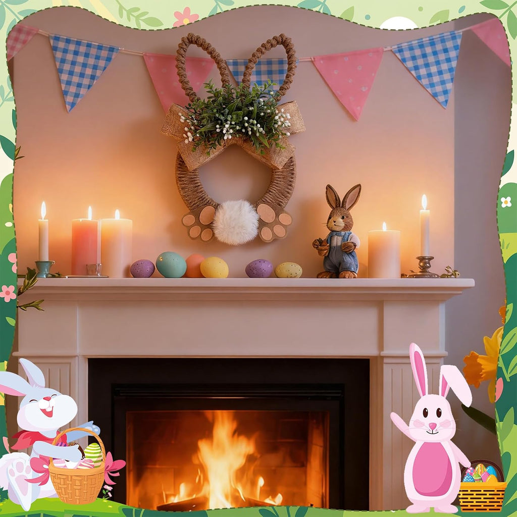 18 Inch Easter Bunny Wreath Spring Artificial Flower Rabbit Rattan Wreath with Rabbit Tail Feet Green Twig