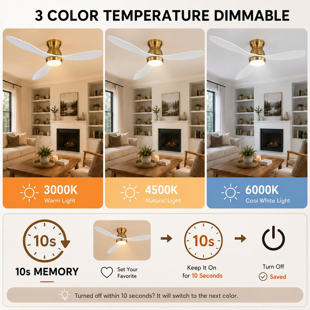 52 Inch White Ceiling Fan with Light, Solid Wood Blades, White and Gold Low Profile Ceiling Fan with Remote & APP