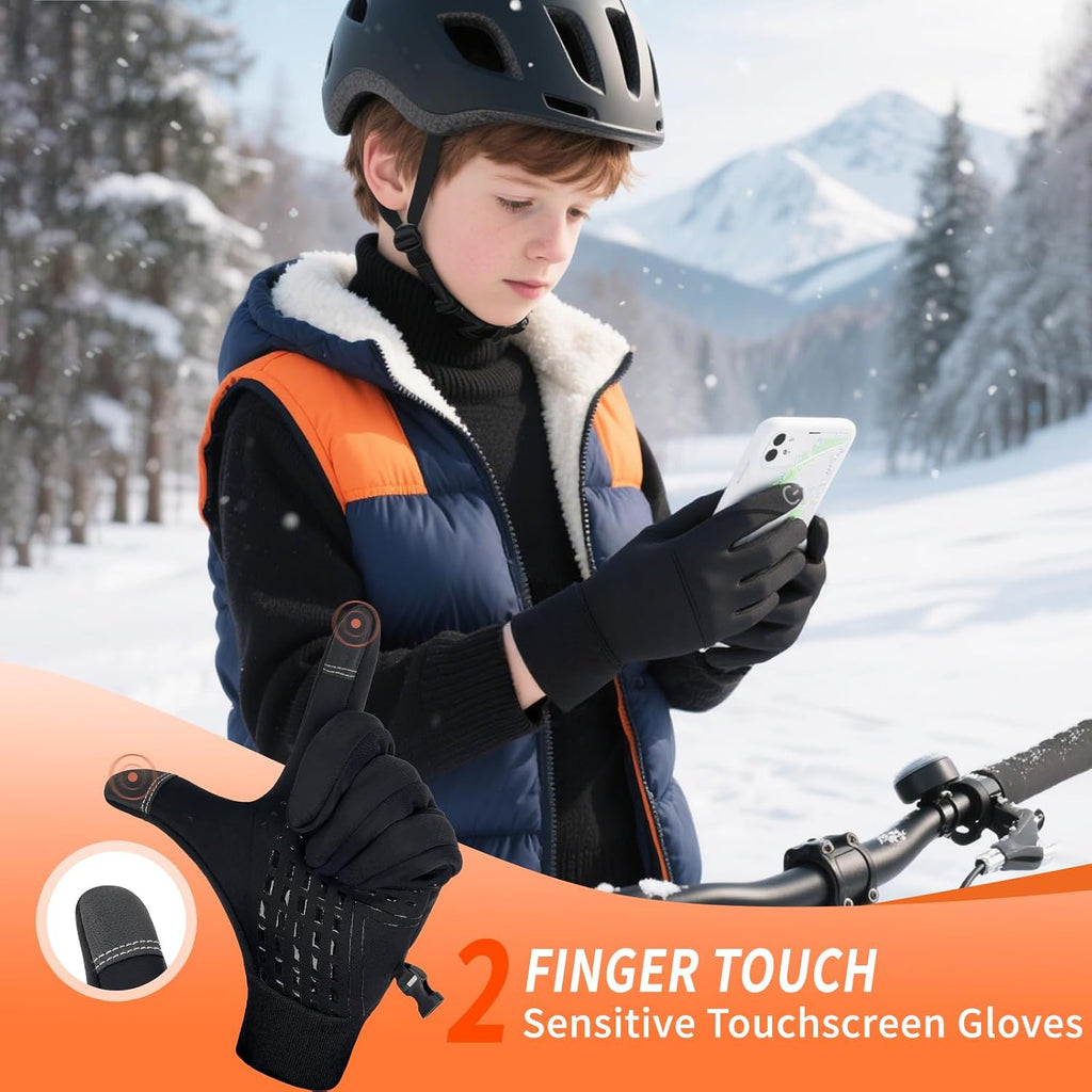 Kids Winter Gloves Waterproof Touchscreen Warm Fleece Anti-Slip for Boys Girls Children Black